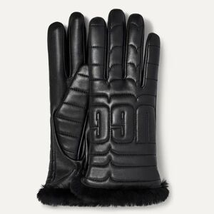 UGG Leather Quilted Logo Touchscreen Tech Cashmere Linen Black Gloves